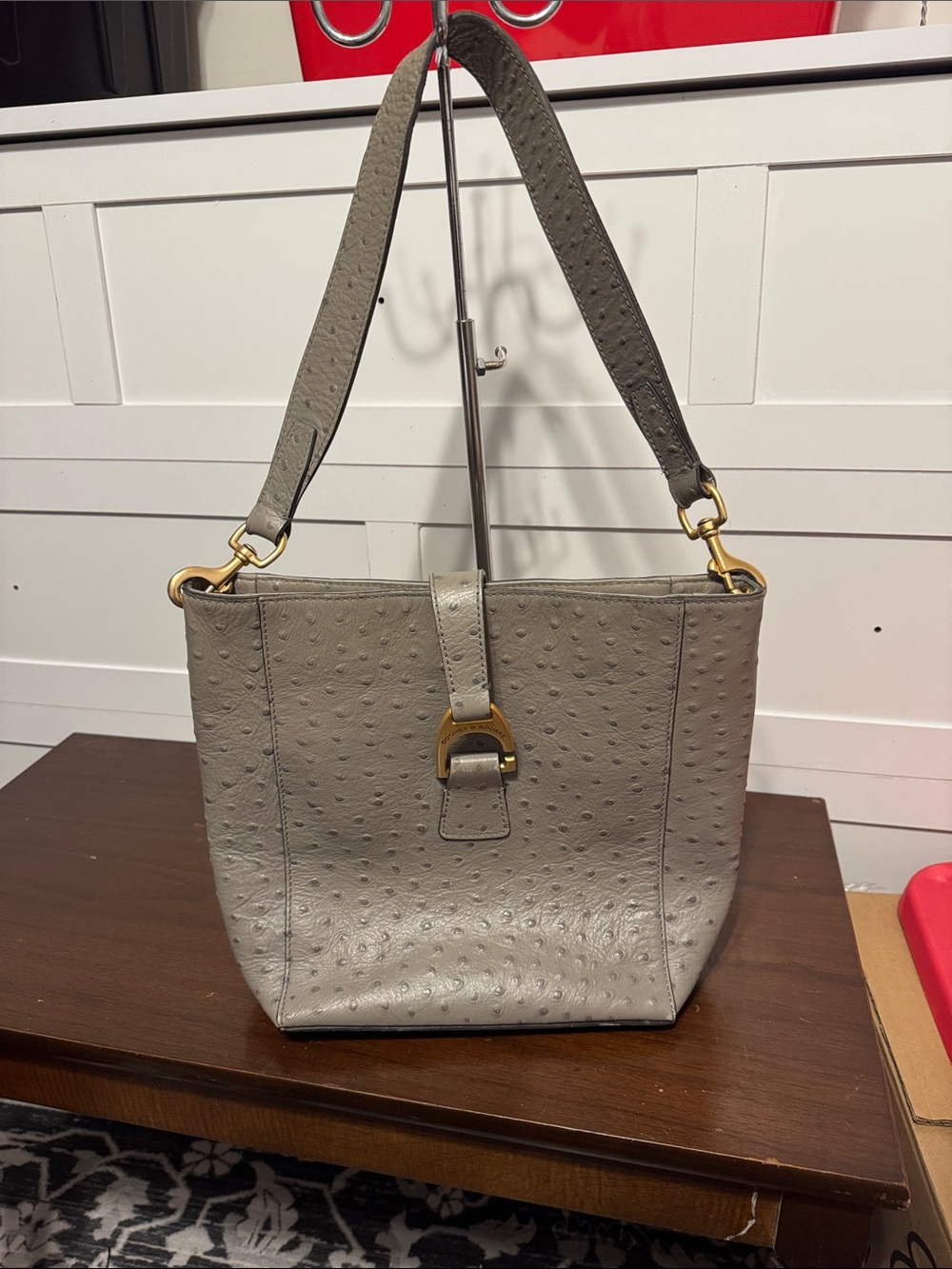 Dooney & Bourke Gray Ostrich-Embossed Shoulder Tote with Gold Hardware